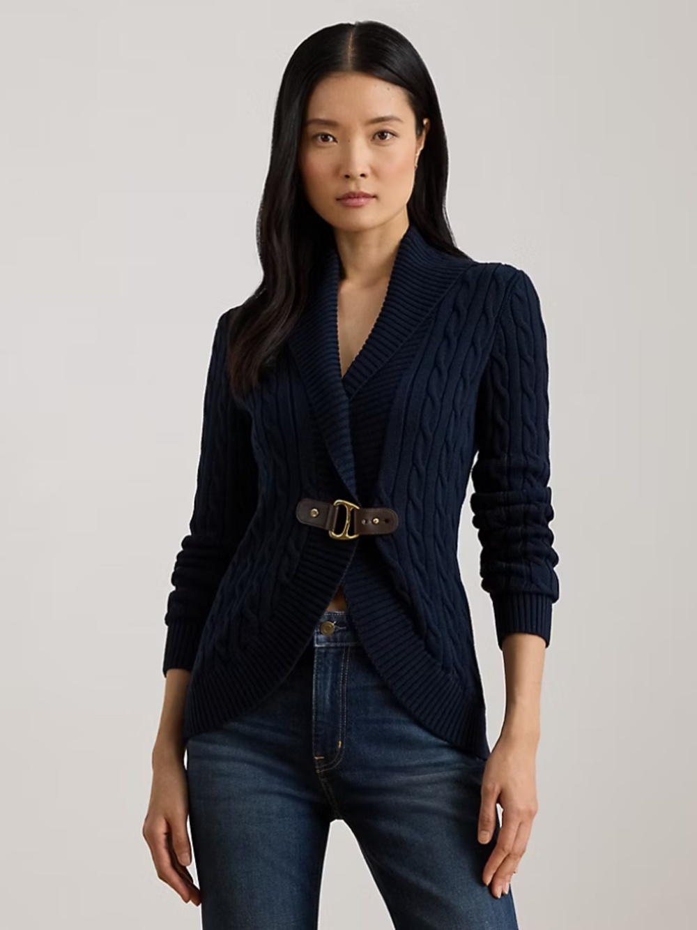 Ralph Lauren Buckled Cotton Sweater Trib Cable Knit Shawl Collar Navy Womens L